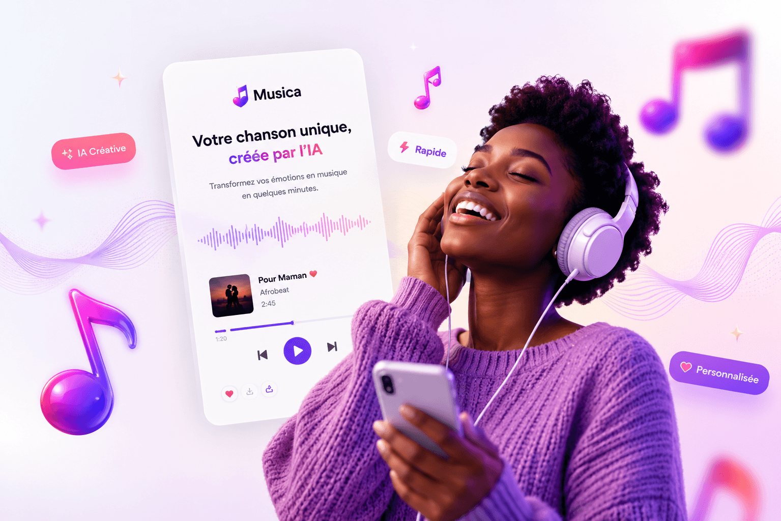 Une cliente heureuse écoute sa chanson personnalisée Musica